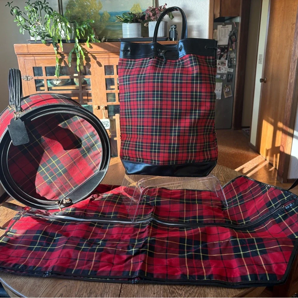 Vintage Luggage Tartan Red Plaid 3 Items. Hat Box/Zip Clothing Cover/Tall Tote